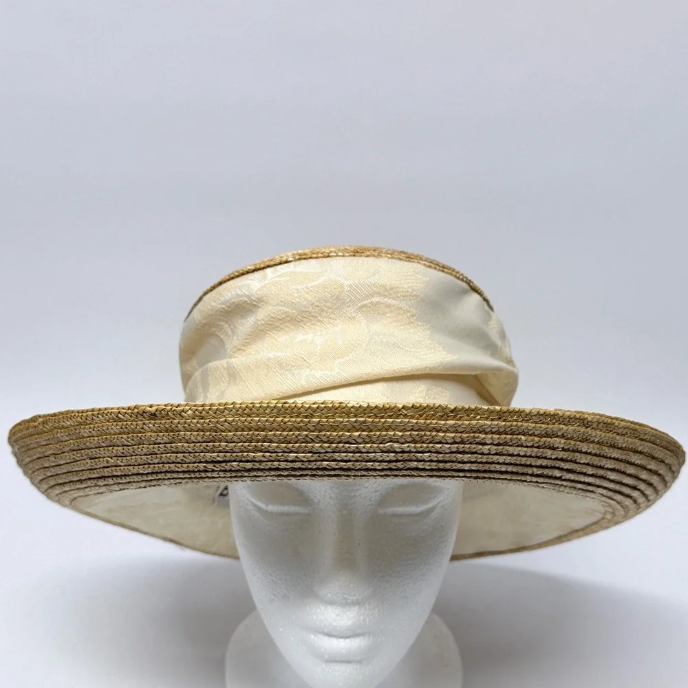 Betmar New York Womens Straw Sun Hat Cream Floral Jacquard Wide Brim New